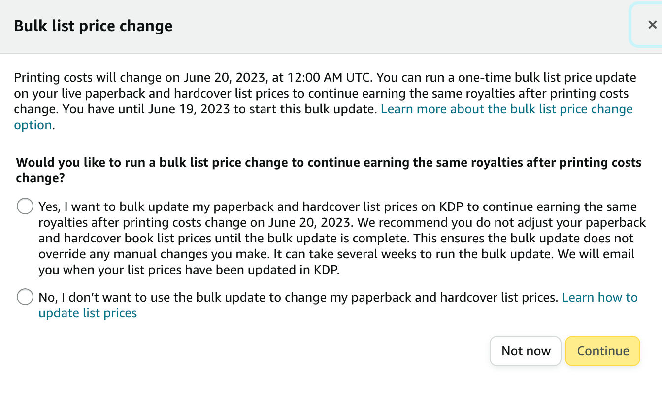 Amazon KDP print cost bulk price upload